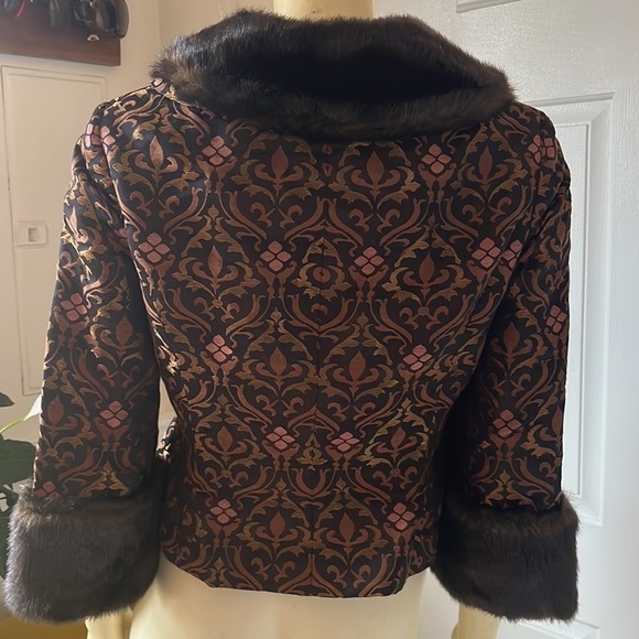 VTG nine west brown & rose gold 90’S brocade jacket removable faux fur trim 4 - Picture 4 of 15